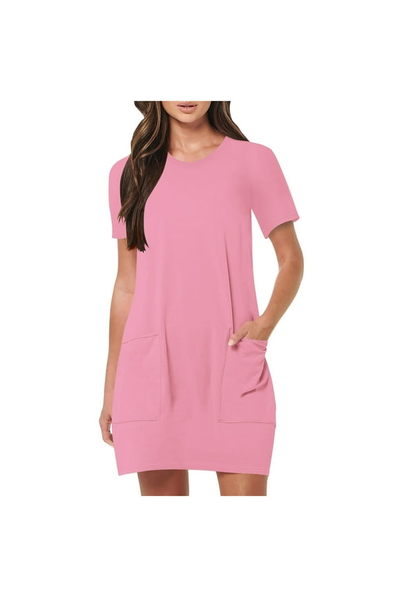 Women's Casual T-Shirt Dresses with Pockets Summer Loose Round Neck Short Sleeve Mini Dresses