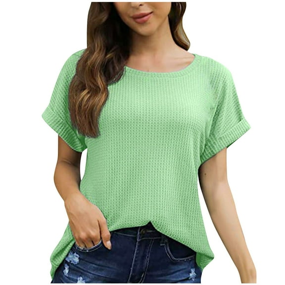ShomPort Women's Casual T- Shirts Summer Basic Round Neck Tees Roll-Up Short Sleeve Textured Pullover Tops