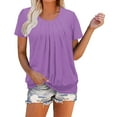 thumbnail image 1 of ShomPort Women's Casual Tunic Tops Summer Round Neck Short Sleeve Pleated Pullovers Solid Color Comfortable Tops, 1 of 7