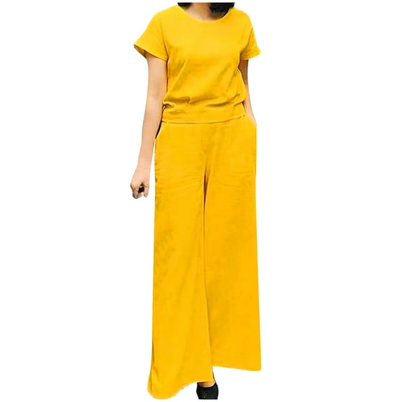 ShomPort Women's Casual Two-Piece Outfits Summer Round Neck Short Sleeve Tops and Elastic Waist Wide Leg Trousers Set