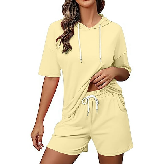 ShomPort Women's Casual Two Piece Pajamas Sets Outfits Short Sleeve Tops and Shorts Loungewear Short Sets