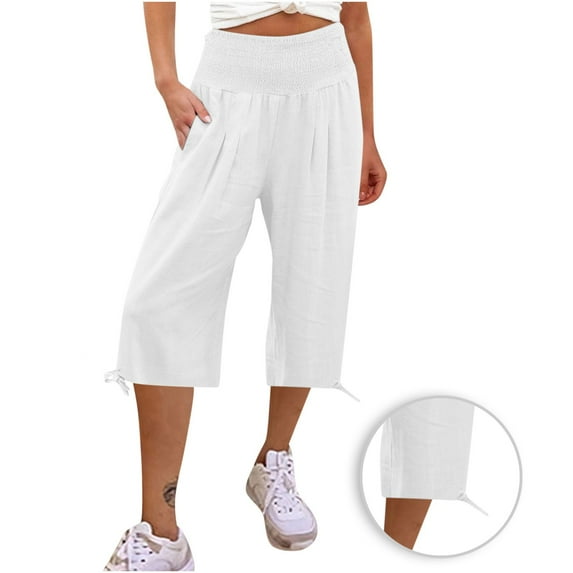 ShomPort Women's Casual Wide Leg Capris Pants High Elastic Waist Yoga Pants Comfy Cotton Linen Lounge Pants
