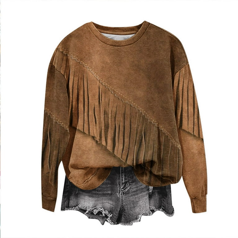 ShomPort Women s Causal Tassel Sweatshirt Long Sleeve Round Neck Fringe Vintage Trendy Pullover Tops Walmart