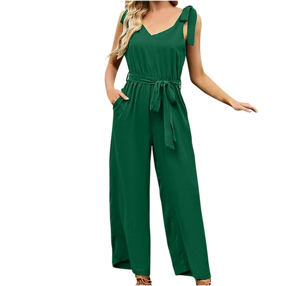 ShomPort Women's Chiffon Elegant Jumpsuit with Pockets Summer Shoulder Strap Tie Adjustable Waist & Belt Rompers