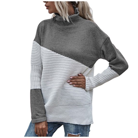 ShomPort Women's Color Block Knitted Sweater Crewneck Long Sleeve Sweater Crochet Pullover Tops Fall Winter Jumper