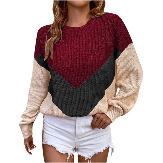 ShomPort Women's Color Block Knitted Sweater Crewneck Long Sleeve Sweater Crochet Pullover Tops Fall Winter Jumper