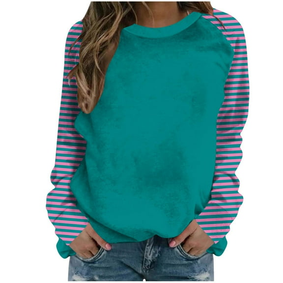 ShomPort Women's Color Block Tunic Tops Long Striped Sleeve Crew Neck Sweatshirts Casual Loose Tops