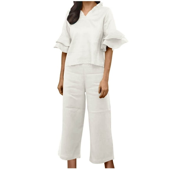 ShomPort Women's Comfy Cotton Linen 2 Piece Pajamas Outfits Summer V-Neck Ruffle Sleeve Top and Capri Wide Leg Pants Set