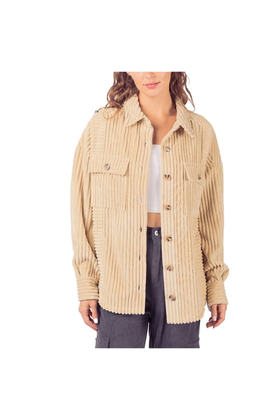 Women's Corduroy Ribbed Jacket Long Sleeve Button up Shacket Winter Coat Fall Outerwear with Pockets (Beige)
