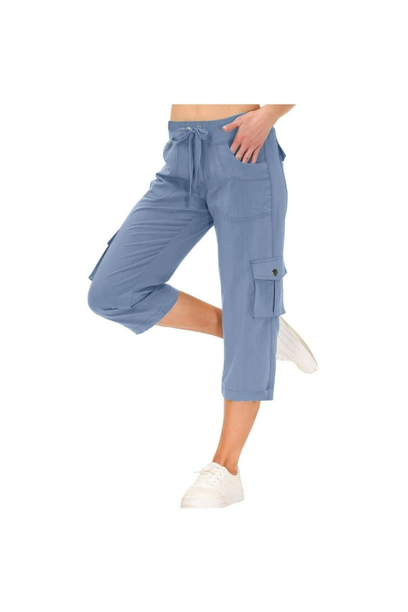 Women's Cotton Capri Cargo Pants with Pockets Summer Drawstring Elastic Waist Wide Leg Pants
