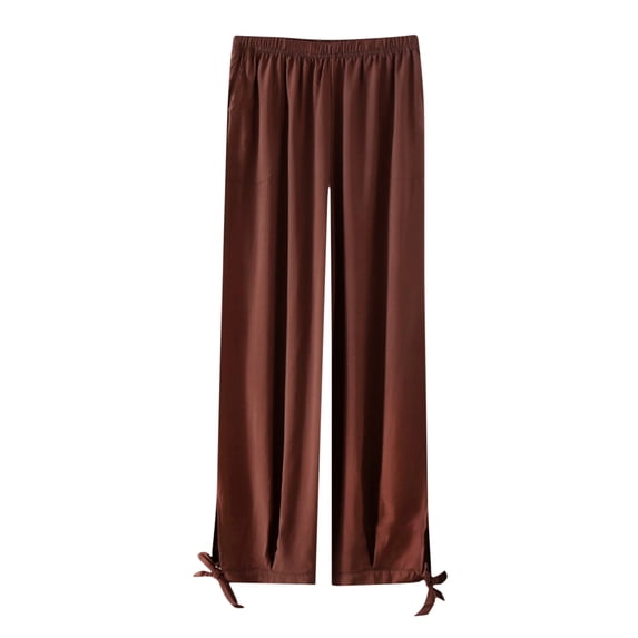 ShomPort Women's Cotton Comfortable Pajama Pants Summer High Elastic Waist Leg Tie Wide Leg Pants