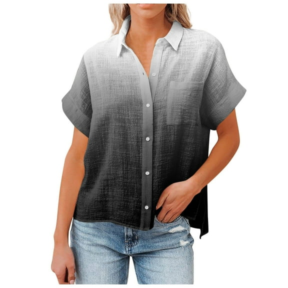 ShomPort Women's Cotton Linen Breathable Blouse Lapel Collar Short Sleeve Shirts Gradient Button down Tees