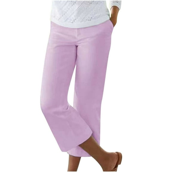ShomPort Women's Cotton Linen Capri Pants Summer Casual Loose Straight Pants High Elastic Waist Trousers with Pockets
