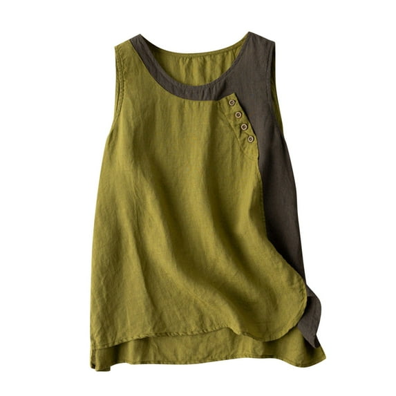 ShomPort Women's Cotton Linen Loose Tank Tops Summer Fashion Color Block Sleeveless Round Neck Vest Blouses