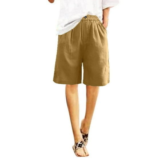 ShomPort Women's Cotton Linen Shorts Knee Length Summer Casual Elastic Waist Work Shorts with Pockets