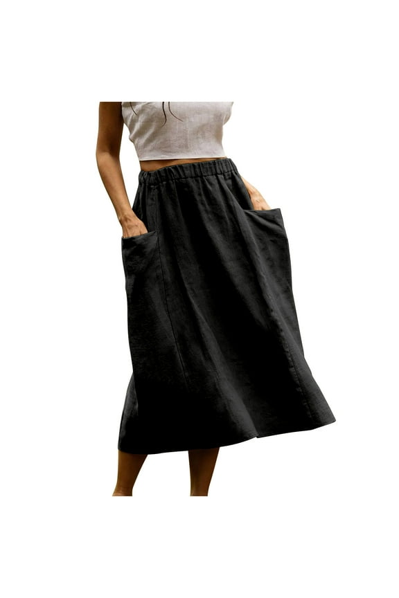 Women's Cotton Linen Skirt with Pockets Breathable Midi Skirt Elastic High Waist Plain Skirts