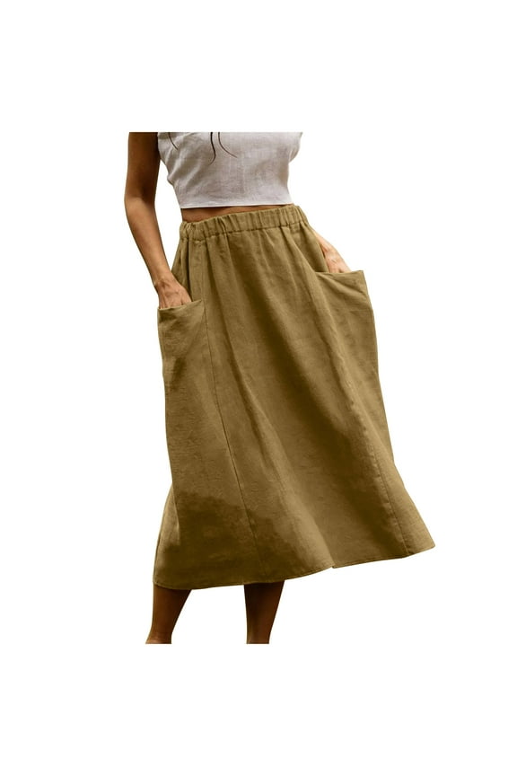 Women's Cotton Linen Skirt with Pockets Breathable Midi Skirt Elastic High Waist Plain Skirts