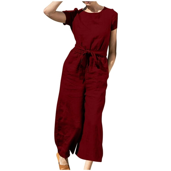 ShomPort Women's Cotton Linen Wide Leg Fashion Rompers Summer Round Neck Short Sleeve Elastic Waist & Belt Jumpsuits
