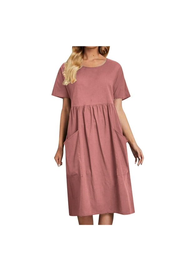 Women's Cotton Short Sleeve Dress with Pockets Summer Casual Round Neck Loose Plus Size Midi Dresses S-5XL