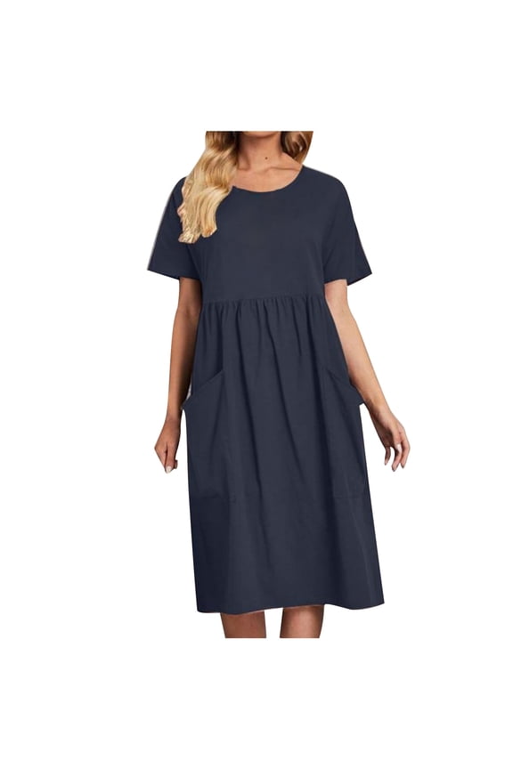 Women's Cotton Short Sleeve Dress with Pockets Summer Casual Round Neck Loose Plus Size Midi Dresses S-5XL