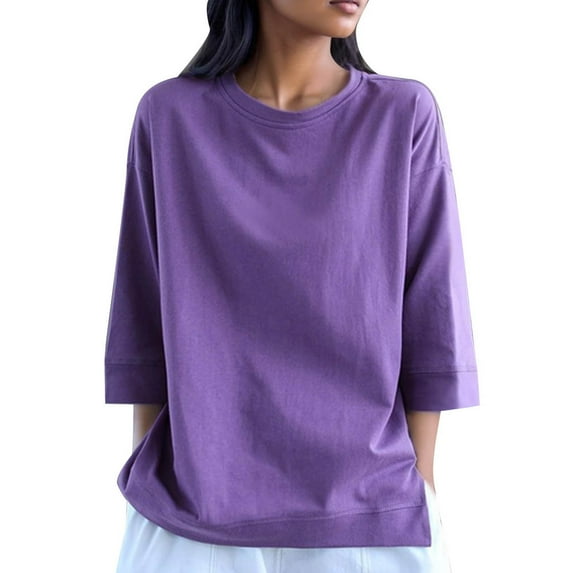 ShomPort Women's Cotton T-Shirts Casual 3/4 Sleeve Solid Color Tops Round Neck Loose Pullovers