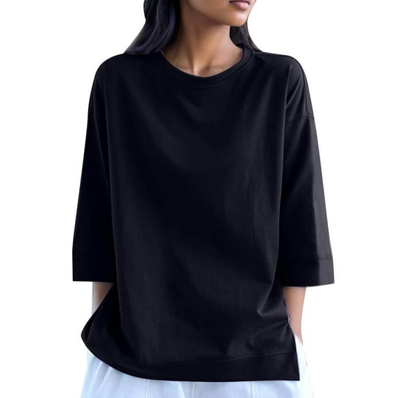 ShomPort Women's Cotton T-Shirts Casual 3/4 Sleeve Solid Color Tops Round Neck Loose Pullovers