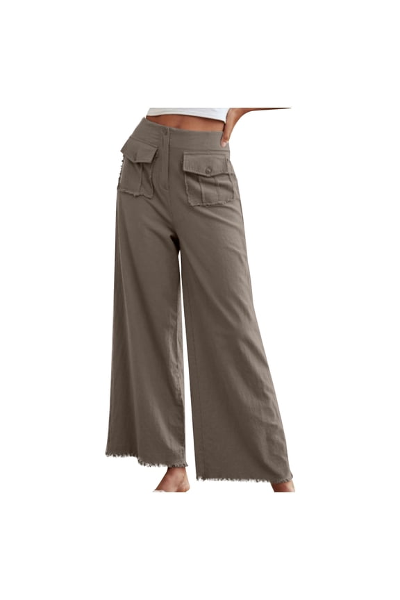 Women's Cotton Wide Leg Pants Summer/Spring Casual Button Down Work Palazzo Pants With 4 Pockets