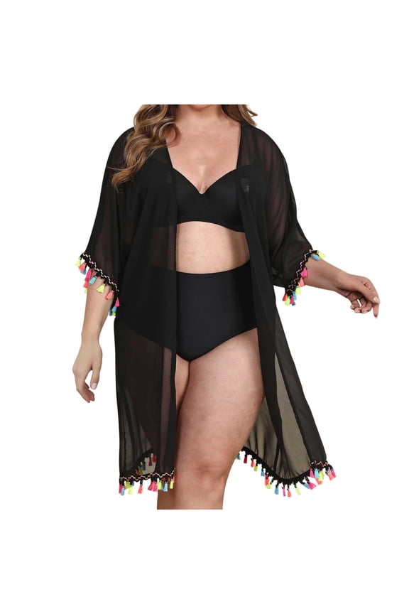 Women's Cover Ups Summer Plus Size See Through Mesh Open Front 3/4 Sleeve Flowy Swimwear Coverup Cardigans
