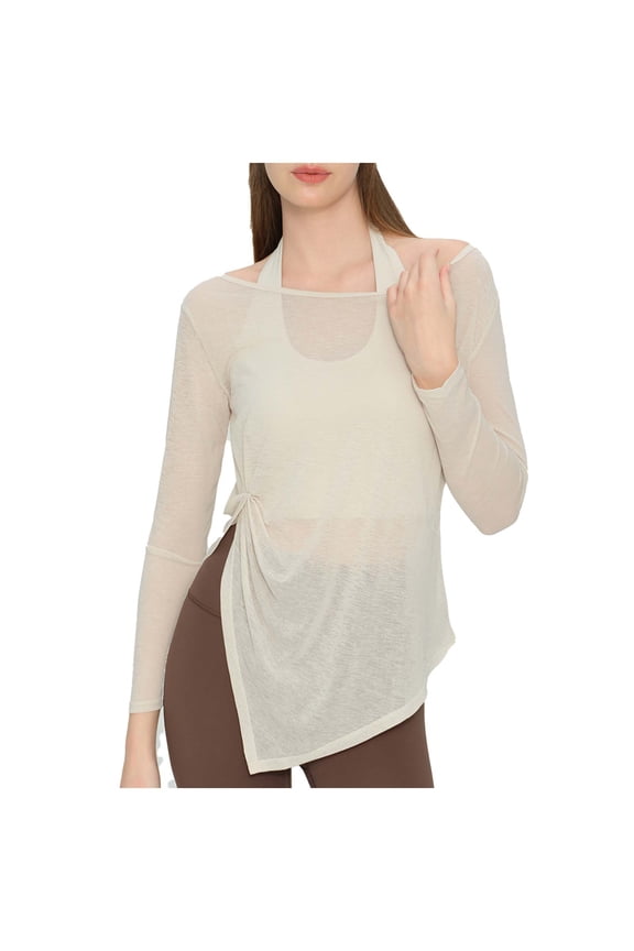 Women's Cover up Tops Long Sleeve Workout Slit See Through Mesh Pullover Quick Dry Tee Shirts Summer