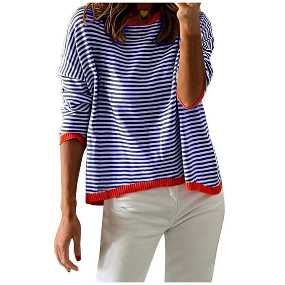 ShomPort Women's Crewneck Long Sleeve Sweaters Fall Winter Striped/Solid Color Pullover Tops