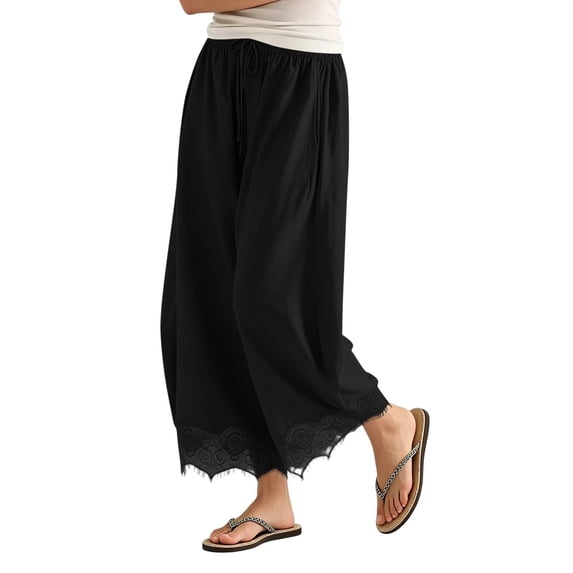 ShomPort Women's Cropped Pants Casual Lace-Hem Comfy Lightweight Drawstring Wide Leg Pants with Pockets