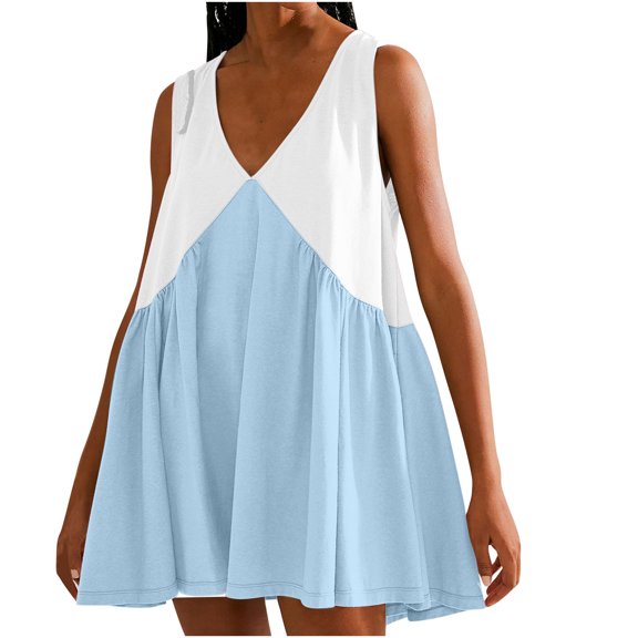 ShomPort Women's Cute Mini Dress Summer Loose Color Block Sleeveless V Neck A-Line Sundress with Pockets
