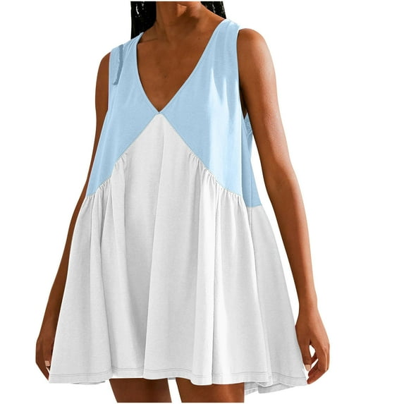 ShomPort Women's Cute Mini Dress Summer Loose Color Block Sleeveless V Neck A-Line Sundress with Pockets