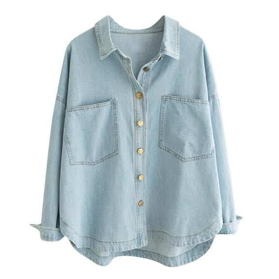 ShomPort Women's Denim Jacket Fall Fashion Long Sleeve Drop Shoulder Button Down Jean Jacket with Pockets