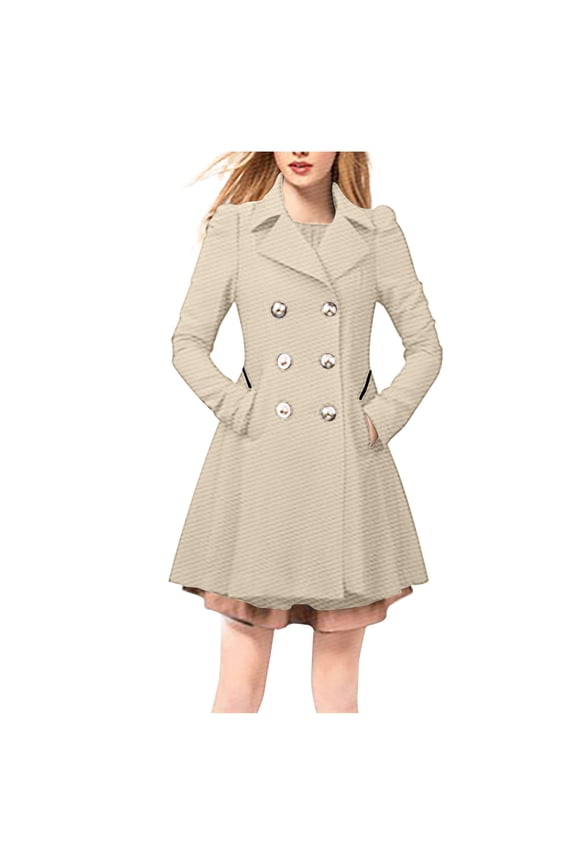 Women's Double Breasted Trench Coats Mid-Length Overcoat Long Dress Jacket Lapel Business Coat (Beige)