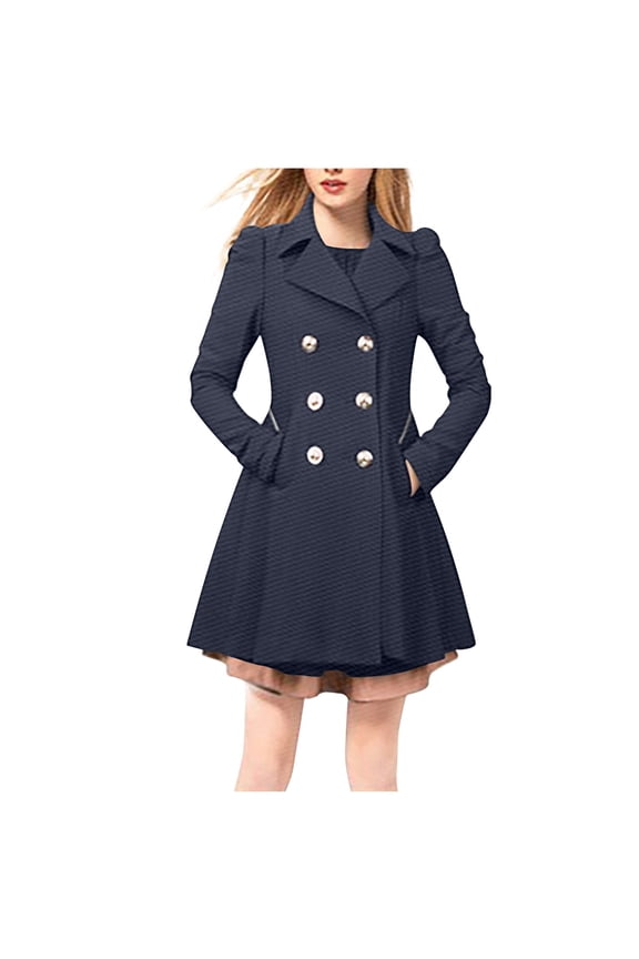 Women's Double Breasted Trench Coats Mid-Length Overcoat Long Dress Jacket Lapel Business Coat (Navy)