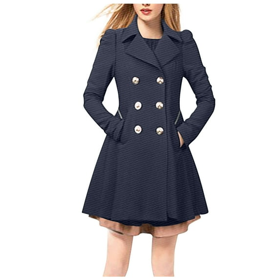 ShomPort Women's Double Breasted Trench Coats Mid-Length Overcoat Long Dress Jacket Lapel Business Coat (Navy)