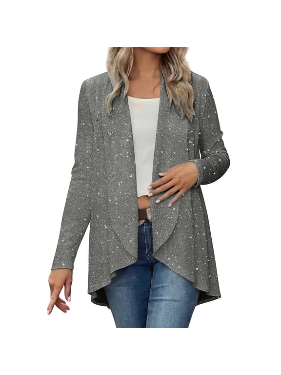 Women's Dressy Cardigan Sequin Sparkly Open Front Long Sleeve Outerwear Casual Cardigans