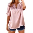 thumbnail image 1 of ShomPort Women's Dressy Casual Blouses Solid Color V Neck Silk Satin Pullover Short Sleeve Tops Summer Workwear, 1 of 5