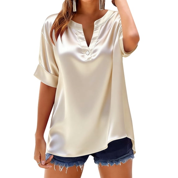 ShomPort Women's Dressy Casual Blouses Solid Color V Neck Silk Satin Pullover Short Sleeve Tops Summer Workwear