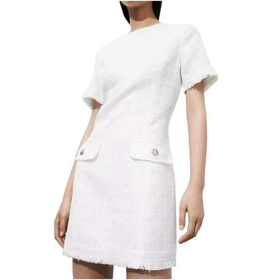 ShomPort Women's Elegant Dress Spring Summer Round Neck Short Sleeve Slim A-Line Mini Dress