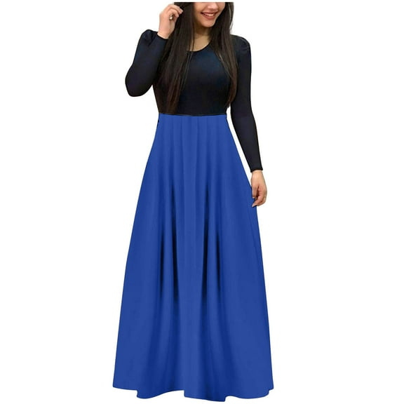 ShomPort Women's Fall Color Block Maxi Dress Casual Long Sleeve Crew Neck Pleated Long Dresses
