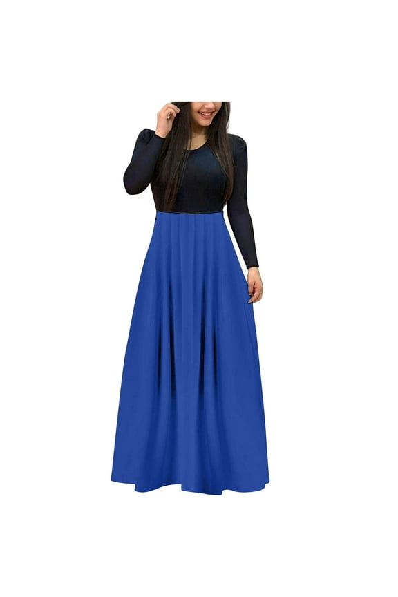 Women's Fall Color Block Maxi Dress Casual Long Sleeve Crew Neck Pleated Long Dresses