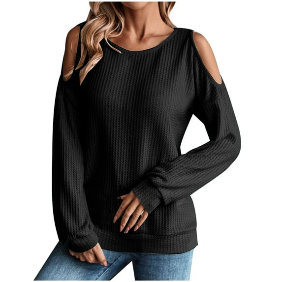 ShomPort Women's Fall Long Sleeve Cold Shoulder Shirt Crewneck Casual Loose Pullover Tops