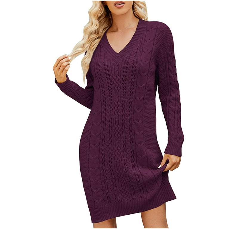 v neck cable knit long sleeve mini dress Mnyycxen Women's Zipper V-Neck Sweater Dress Cable Knit Long Sleeve V Neck Mini Dress Sexy Bodycon Pencil Dresses