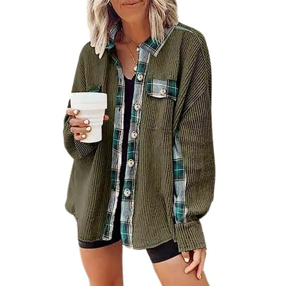 ShomPort Women's Fall Casual Button up Shirt Fashion Plaid Shacket Jackets with Chest Pockets