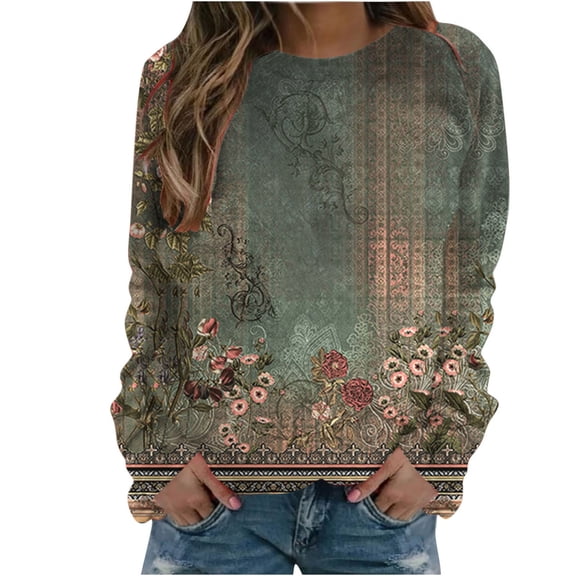 ShomPort Women's Fall Casual Floral Print Pullover Crewneck Long Sleeve Lounge Cute Sweatshirts
