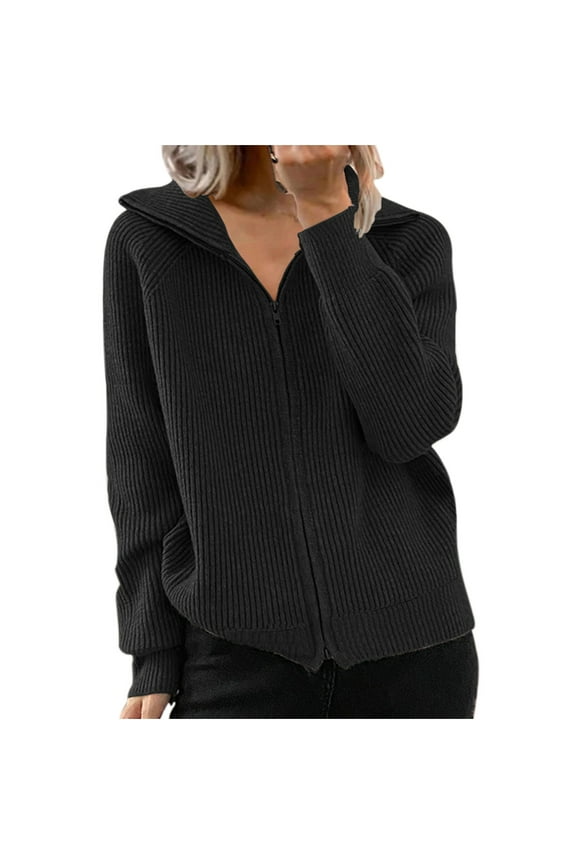 Women's Fall Casual Long Sleeve Knit Ribbed Jackets Full Zip Lapel Collared Outwear
