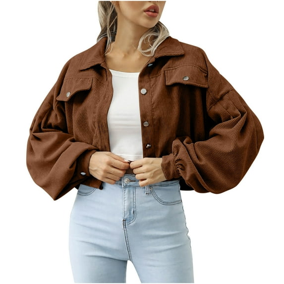 ShomPort Women's Fall Cropped Jackets Lapel Collar Single-Breasted Solid Color Jacket Casual Loose Tops