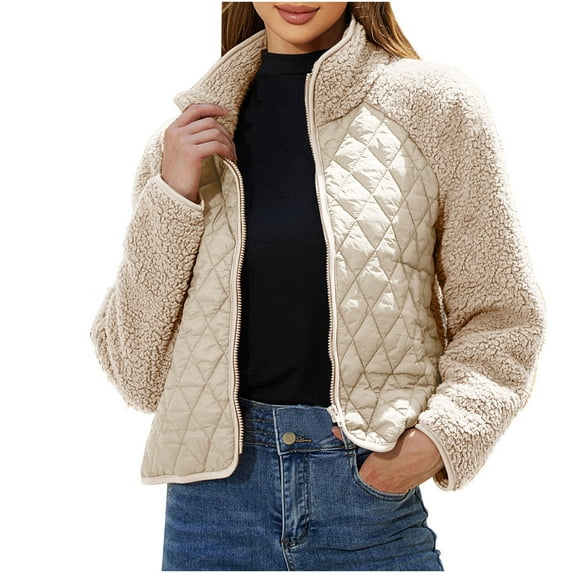 ShomPort Women's Fall Fashion Cropped Jacket Fuzzy Fleece Long Sleeve Casual Zip up Coat Outwear